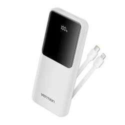 Vention Power Bank 10000mAh (Micro-USB + USB-C + USB-A + USB-A) with Built-in USB-C and Lightning Cables 22.5W _ White